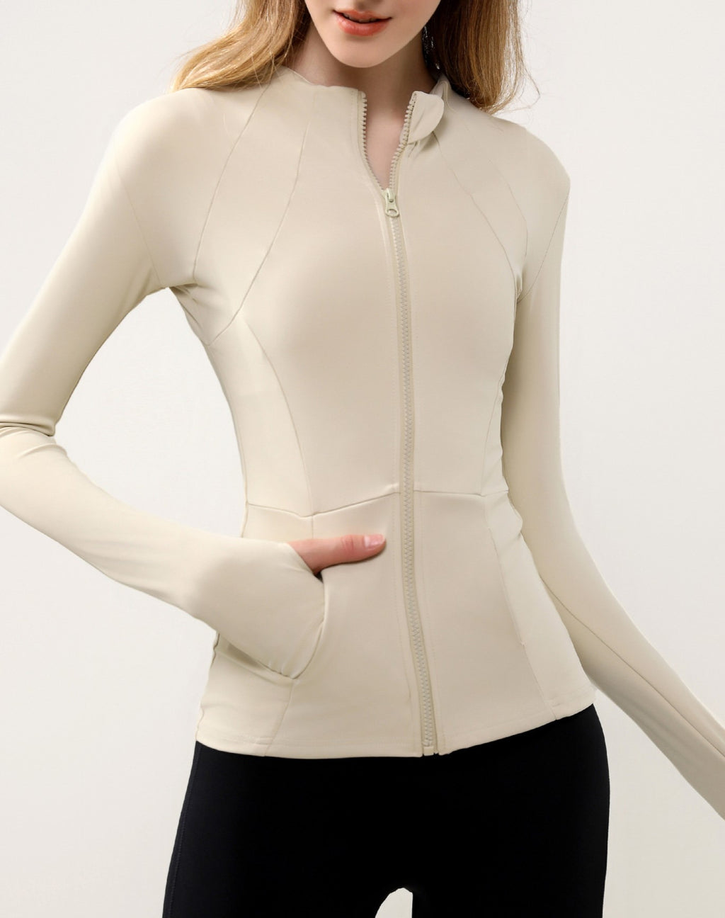 Stand Collar Zip Athletic Jacket With Pockets - Apricot - 1