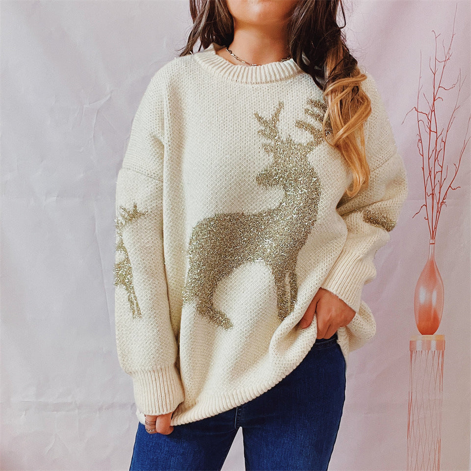 Metallic Deer Jacquard Crewneck Sweater - Off-white