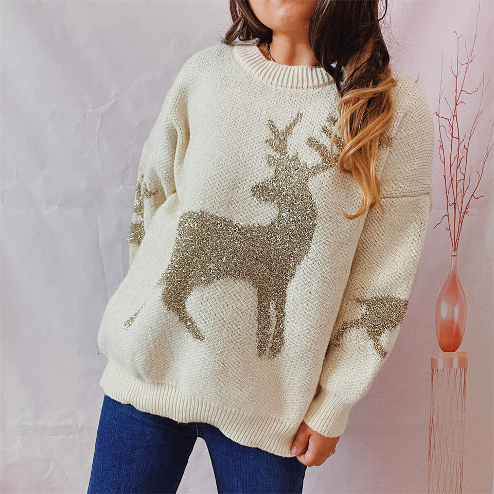 Metallic Deer Jacquard Crewneck Sweater - Off-white - 1