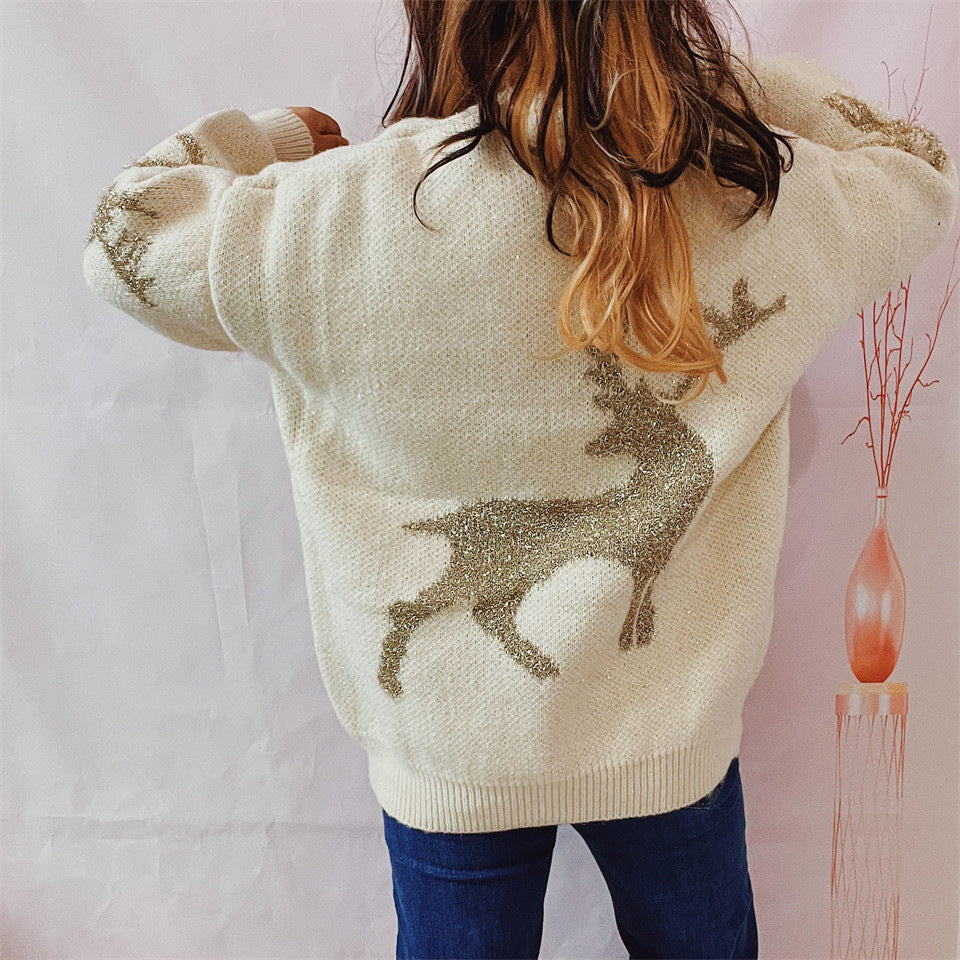 Metallic Deer Jacquard Crewneck Sweater - Off-white - 3