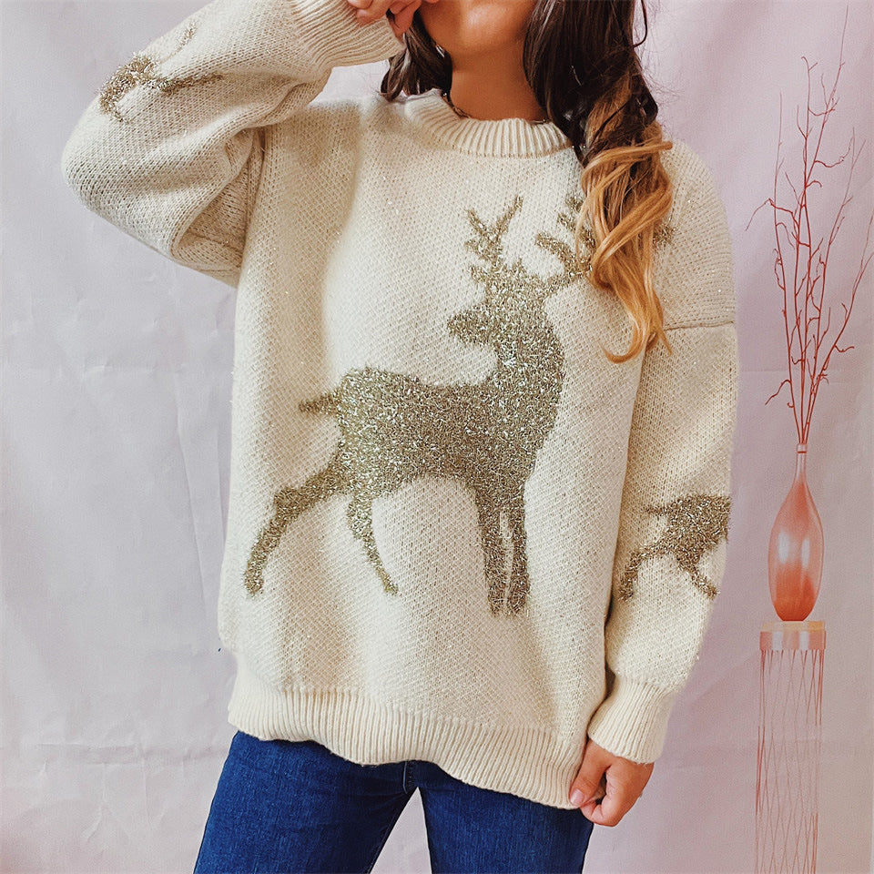 Metallic Deer Jacquard Crewneck Sweater - Off-white - 4