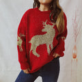 Metallic Deer Jacquard Crewneck Sweater - Red
