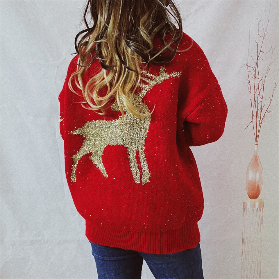 Metallic Deer Jacquard Crewneck Sweater - Red - 1