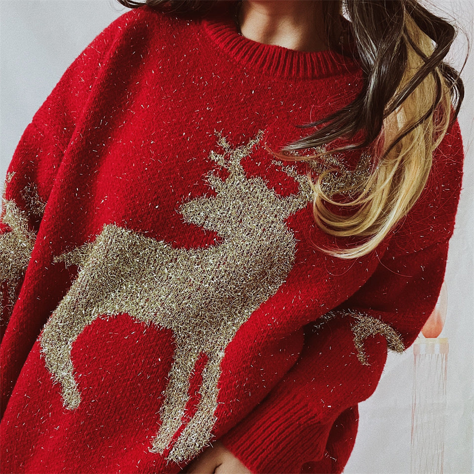 Metallic Deer Jacquard Crewneck Sweater - Red - 2