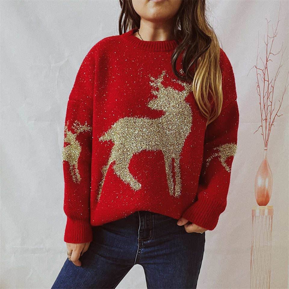 Metallic Deer Jacquard Crewneck Sweater - Red - 3