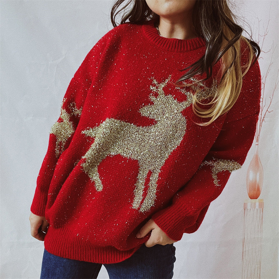 Metallic Deer Jacquard Crewneck Sweater - Red - 4