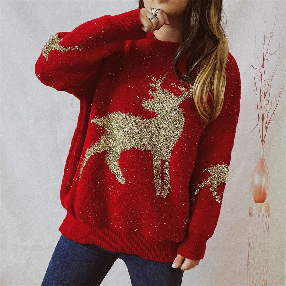 Metallic Deer Jacquard Crewneck Sweater - Red - 5