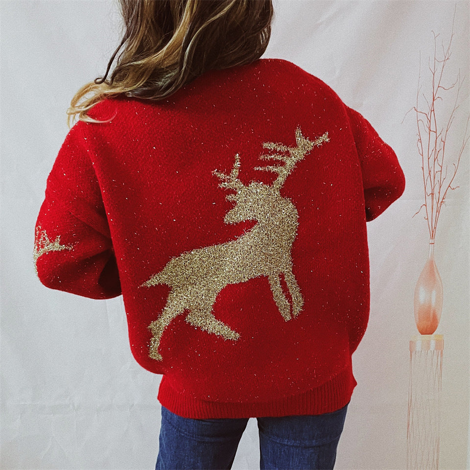 Metallic Deer Jacquard Crewneck Sweater - Red - 6