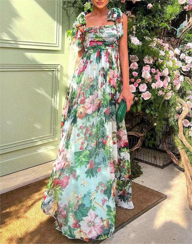 Floral Chiffon Tie Strap Maxi Dress