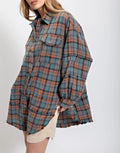 Oversized Raw Edge Plaid Shirt - DarkBlue
