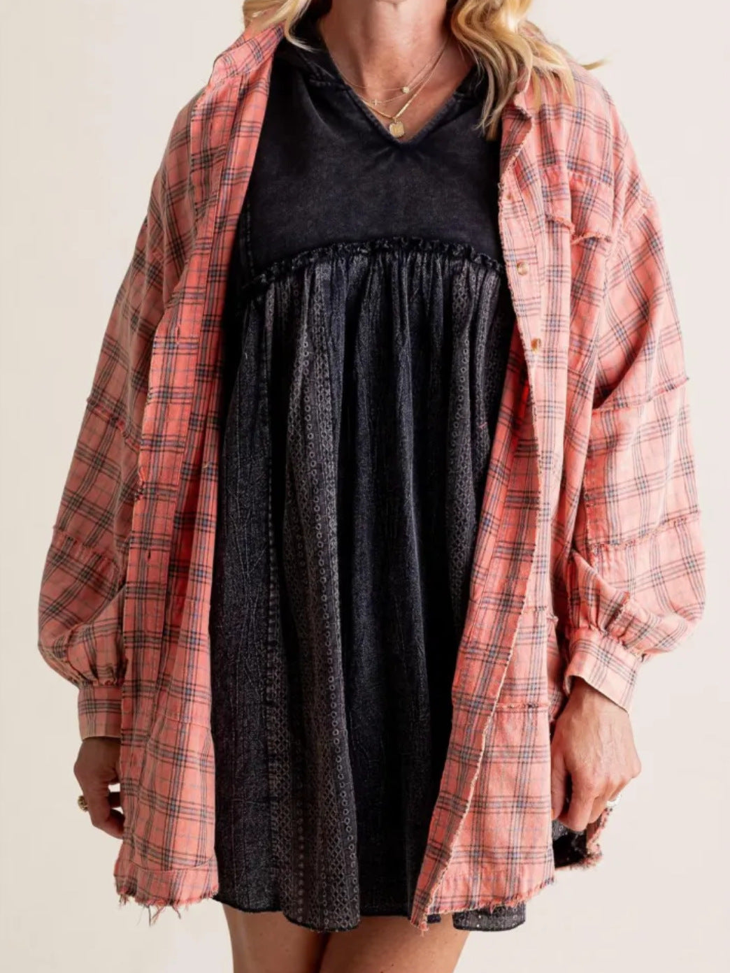 Oversized Raw Edge Plaid Shirt - Pink