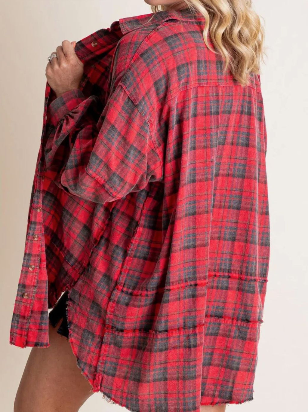Oversized Raw Edge Plaid Shirt - Red - 1