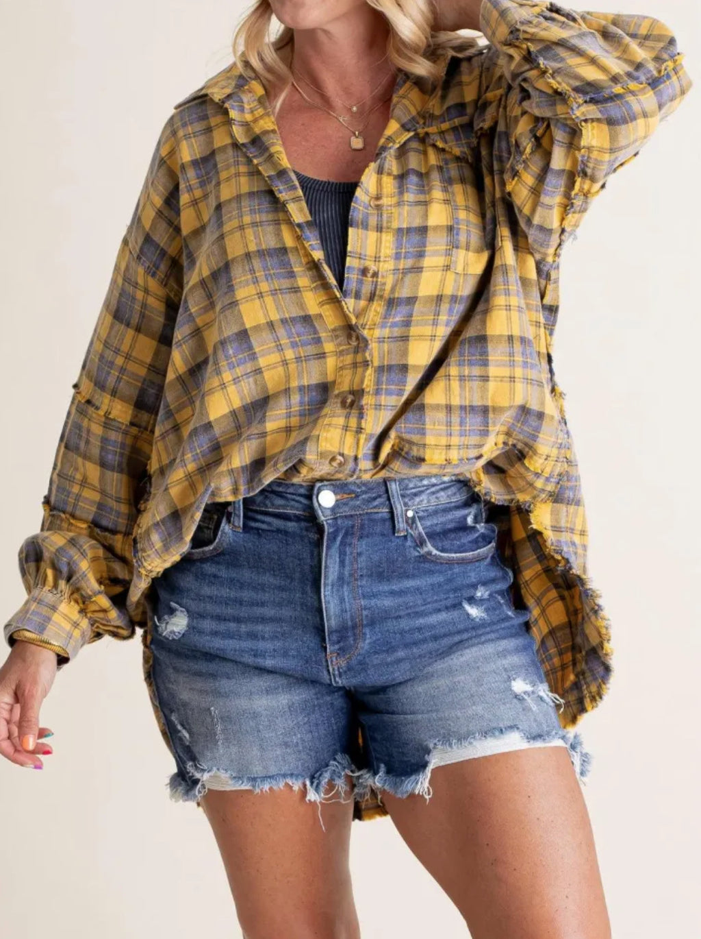 Oversized Raw Edge Plaid Shirt - Yellow