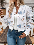 Watercolor Floral Zip Up Cropped Bomber - White