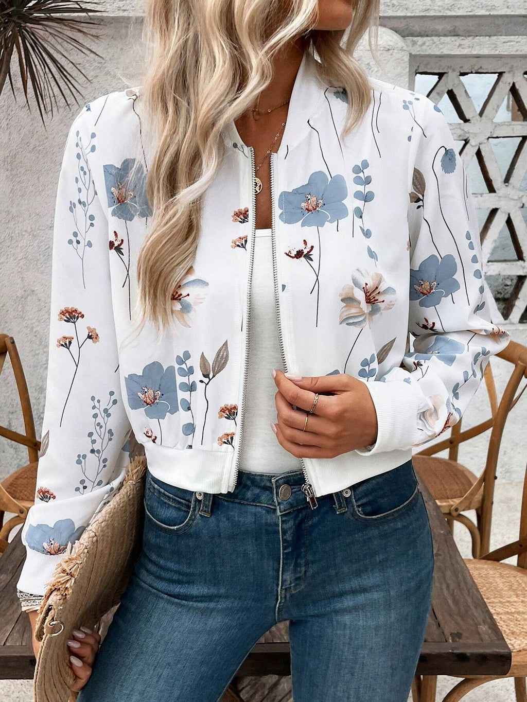 Watercolor Floral Zip Up Cropped Bomber - White - 2