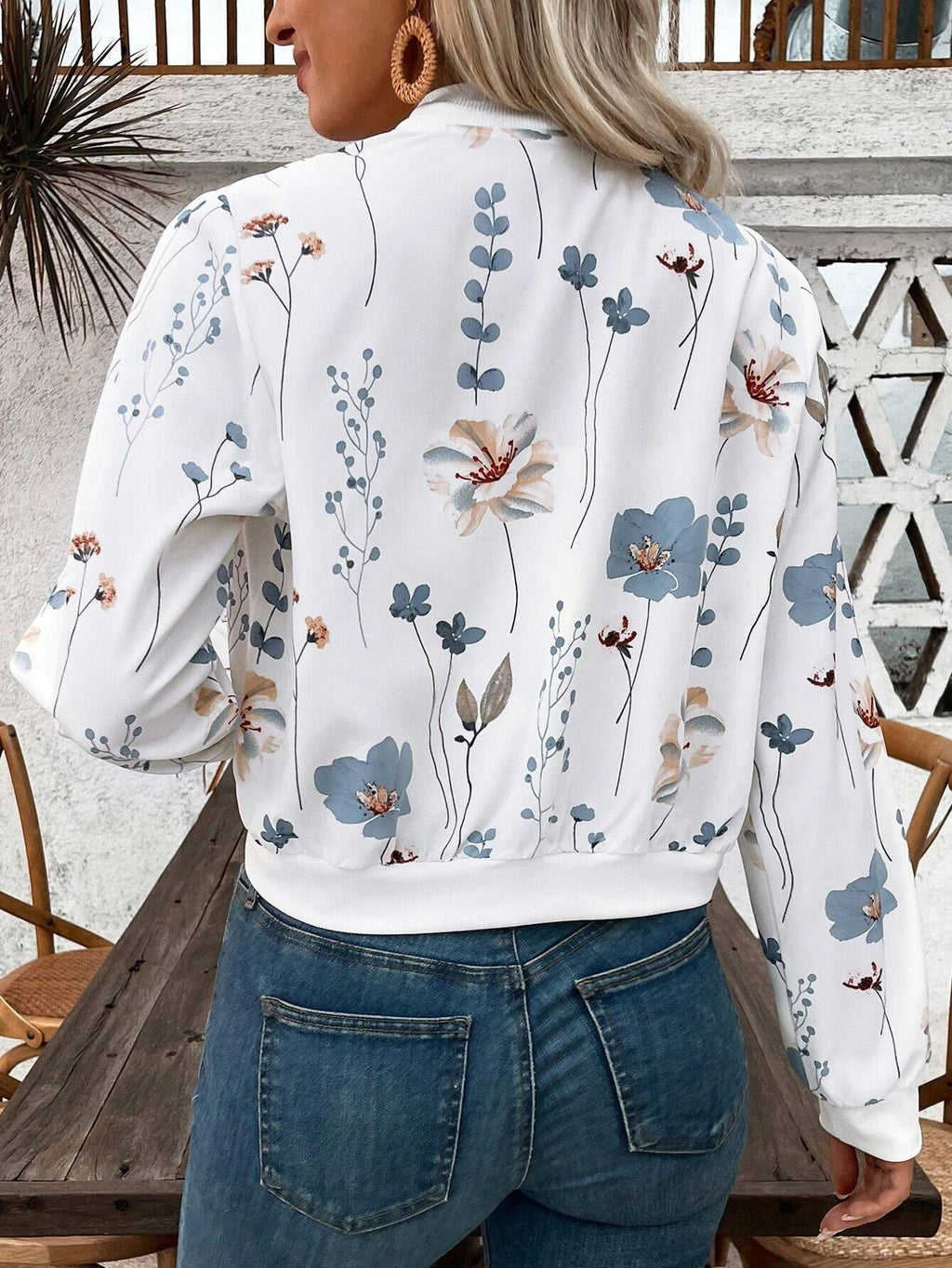 Watercolor Floral Zip Up Cropped Bomber - White - 3