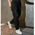 Zip Pocket Snap Hem Tapered Jogger Cargo Pants - Black