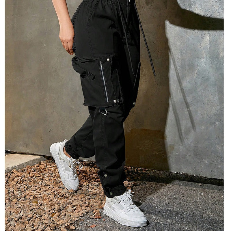 Zip Pocket Snap Hem Tapered Jogger Cargo Pants - Black