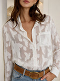 Sheer Jacquard Button Up Shirt With Chest Pocket - White