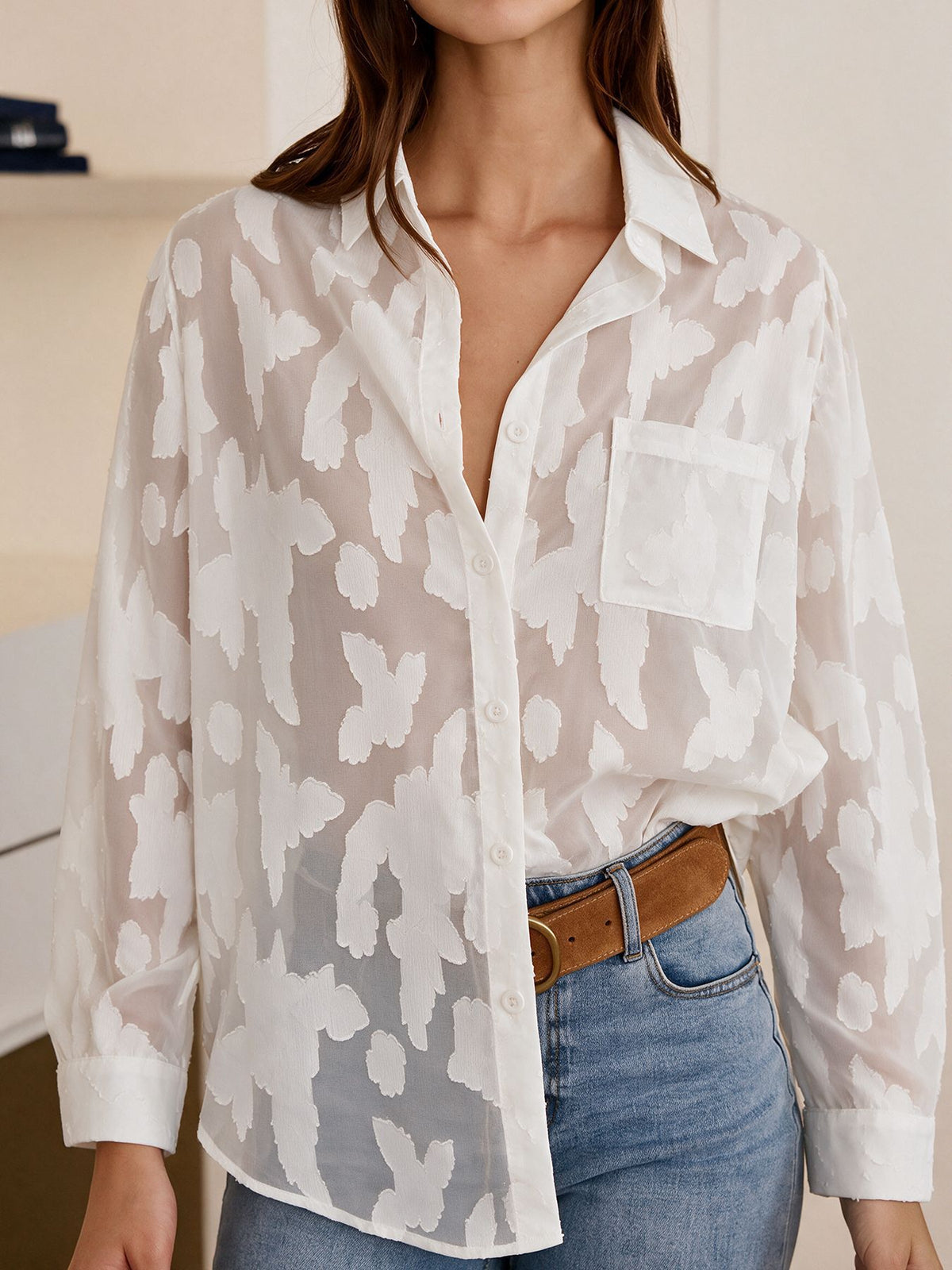 Sheer Jacquard Button Up Shirt With Chest Pocket - White - 1