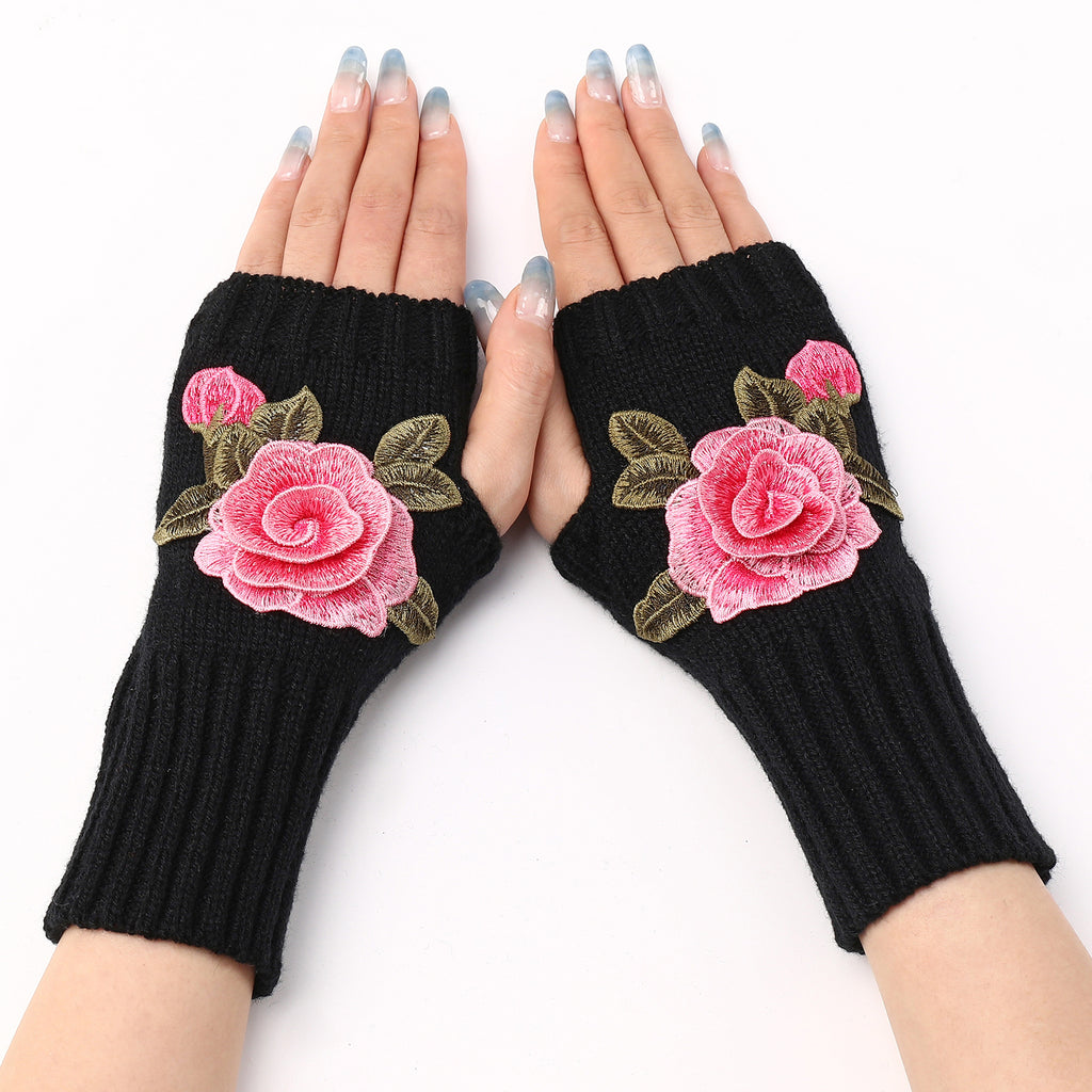 Rose Applique Half Finger Knit Gloves - Black_A