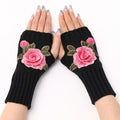Rose Applique Half Finger Knit Gloves - Black_A