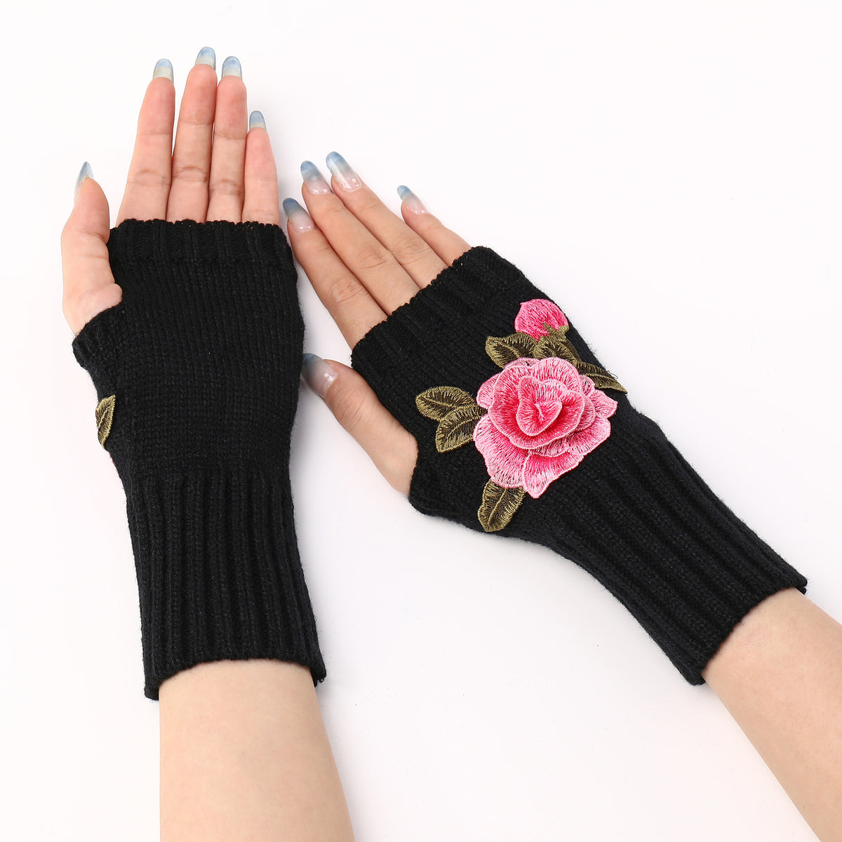 Rose Applique Half Finger Knit Gloves - Black_A - 1