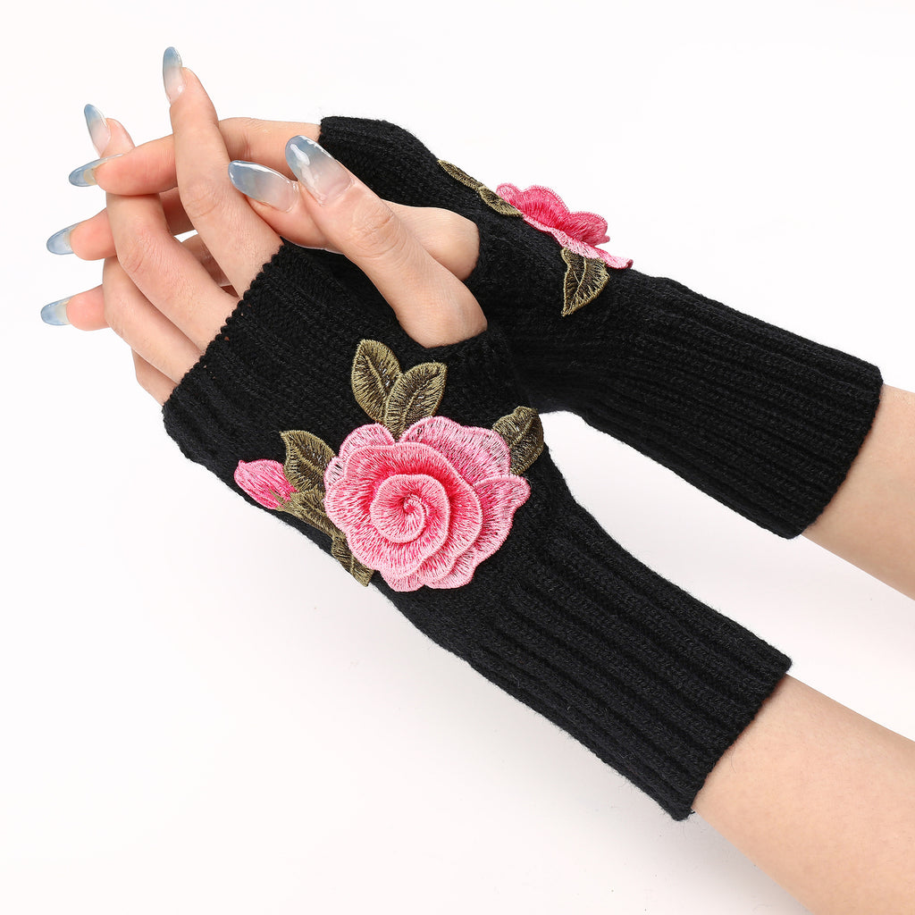 Rose Applique Half Finger Knit Gloves - Black_A - 2