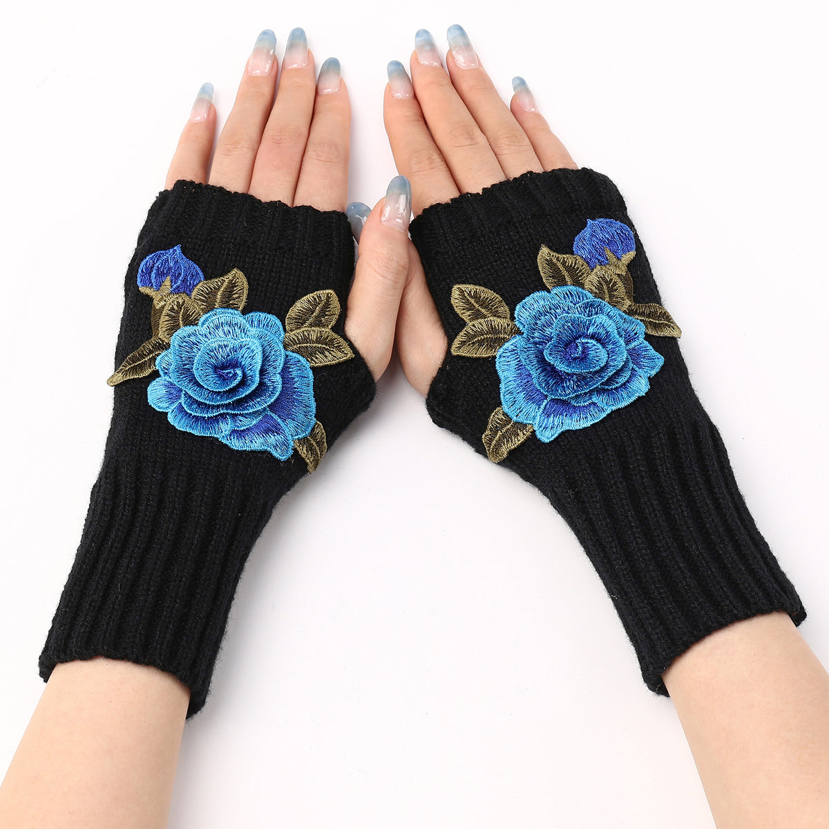 Rose Applique Half Finger Knit Gloves - Black_B