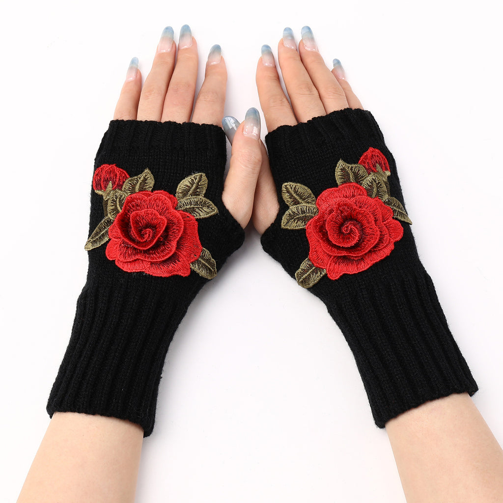 Rose Applique Half Finger Knit Gloves - Black_C