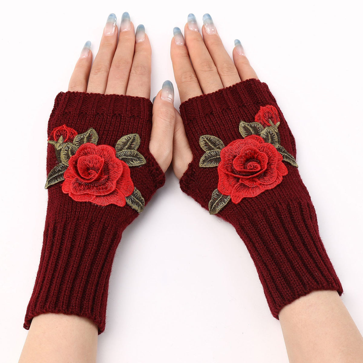 Rose Applique Half Finger Knit Gloves - Burgundy