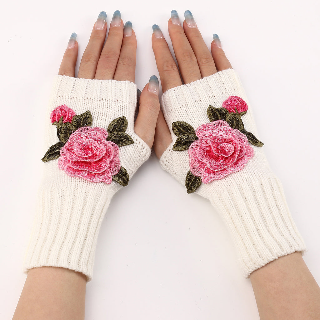 Rose Applique Half Finger Knit Gloves - White_A