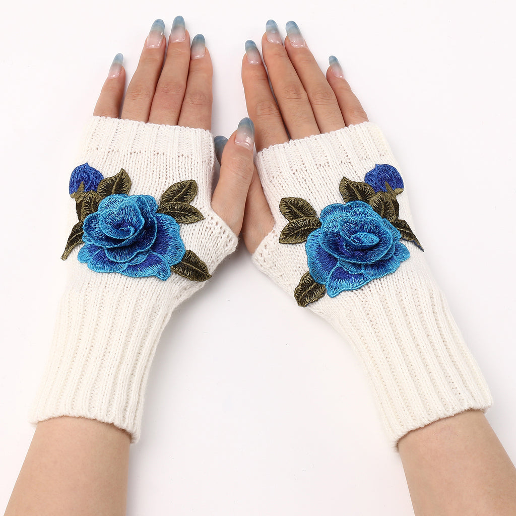 Rose Applique Half Finger Knit Gloves - White_B