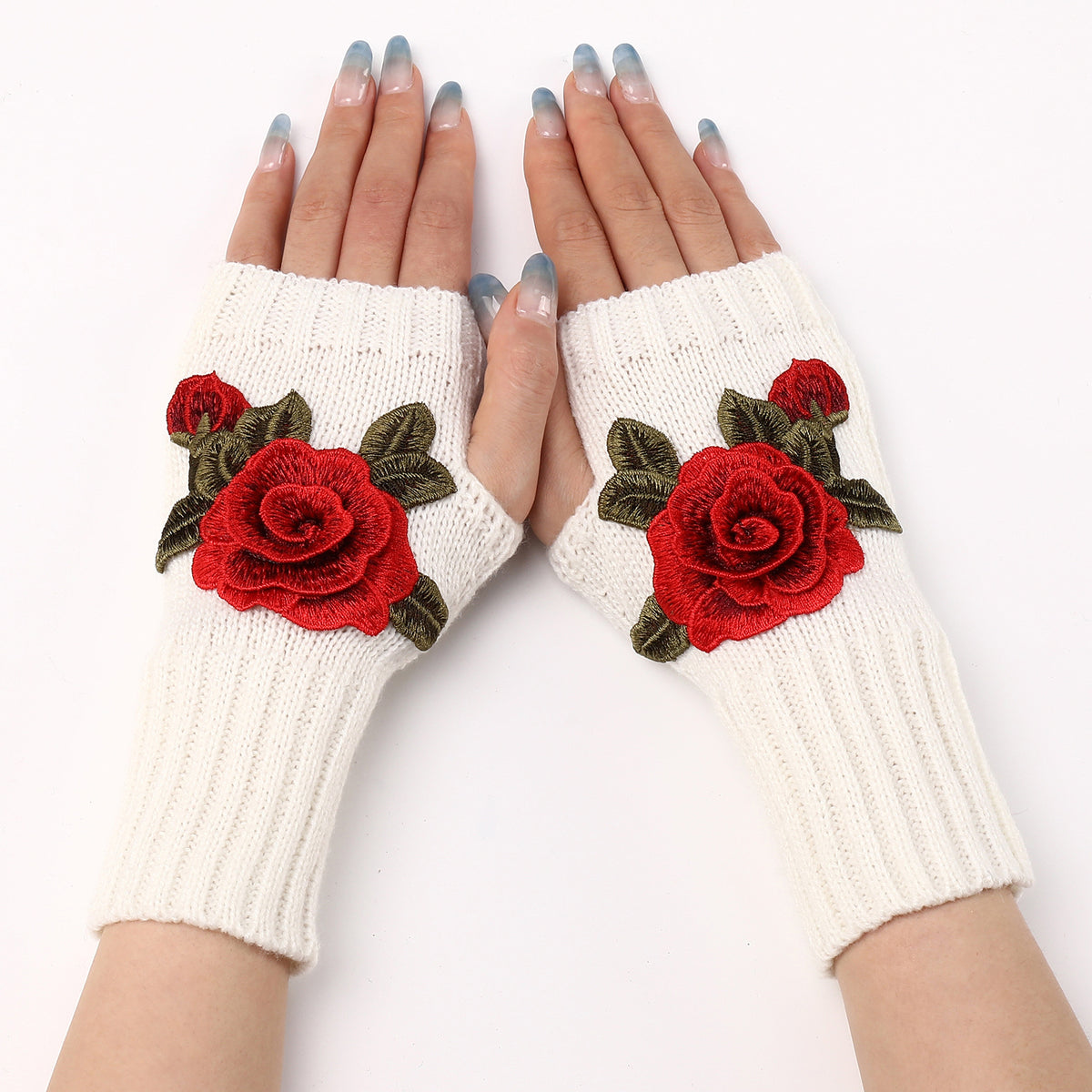 Rose Applique Half Finger Knit Gloves - White_C