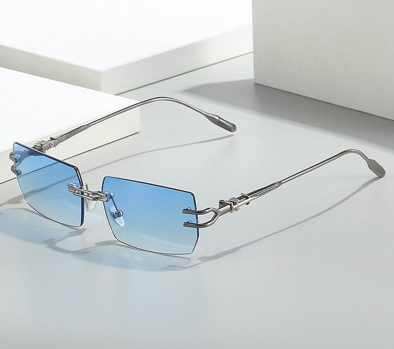 Frameless One-Piece Square Sunglasses - Blue - 3