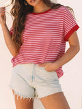 Candy Stripe Ringer Tee With Contrast Cuffs - Red