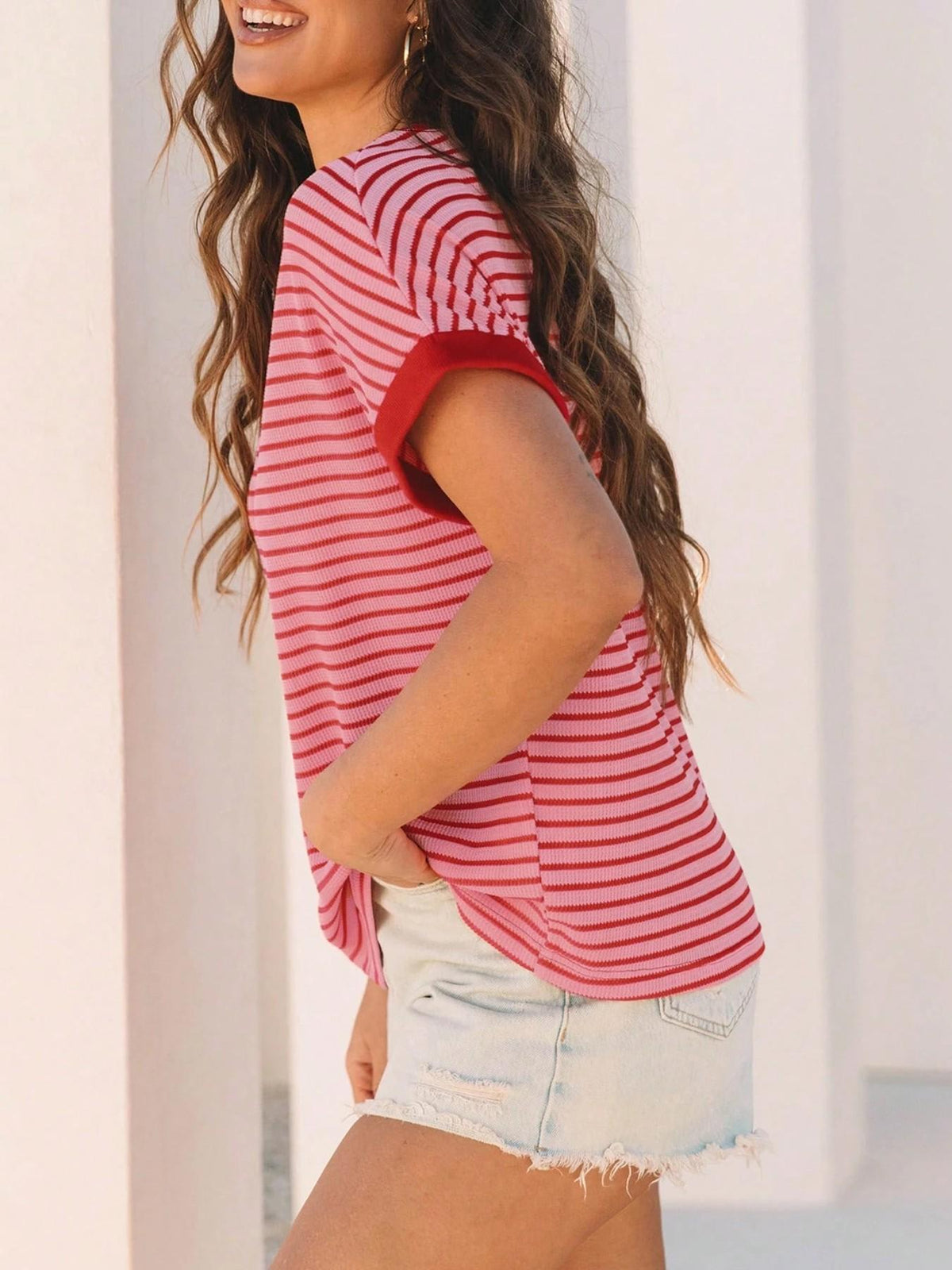 Candy Stripe Ringer Tee With Contrast Cuffs - view 2