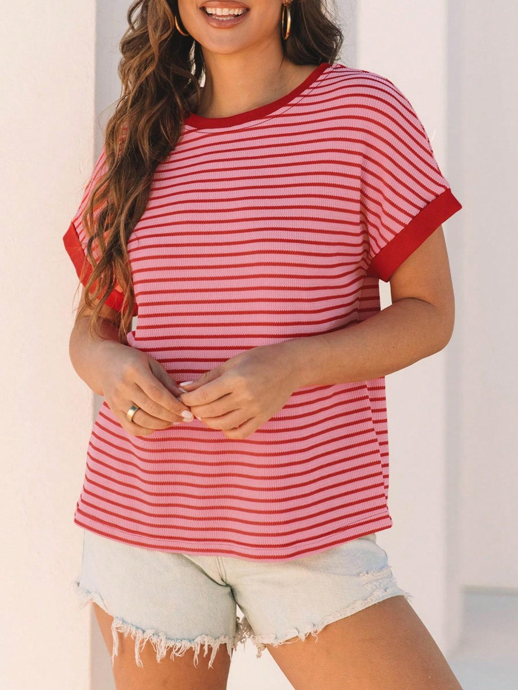 Candy Stripe Ringer Tee With Contrast Cuffs - view 3