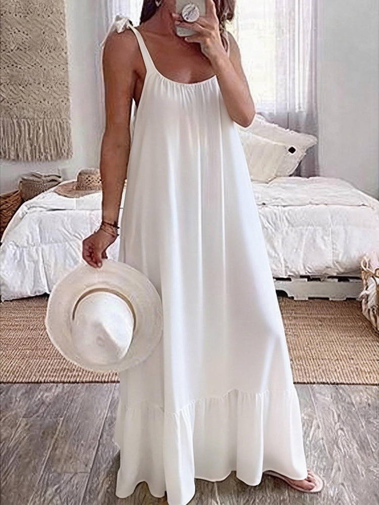 Tie Shoulder Ruffle Hem Maxi Sundress - White