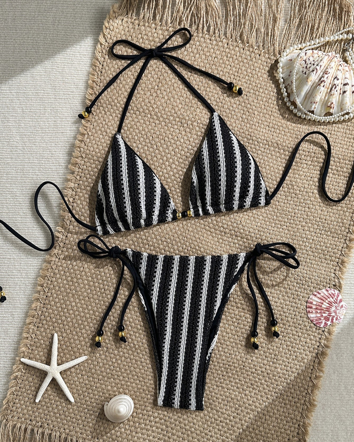 Ribbed Stripe Triangle String Bikini Set - Black