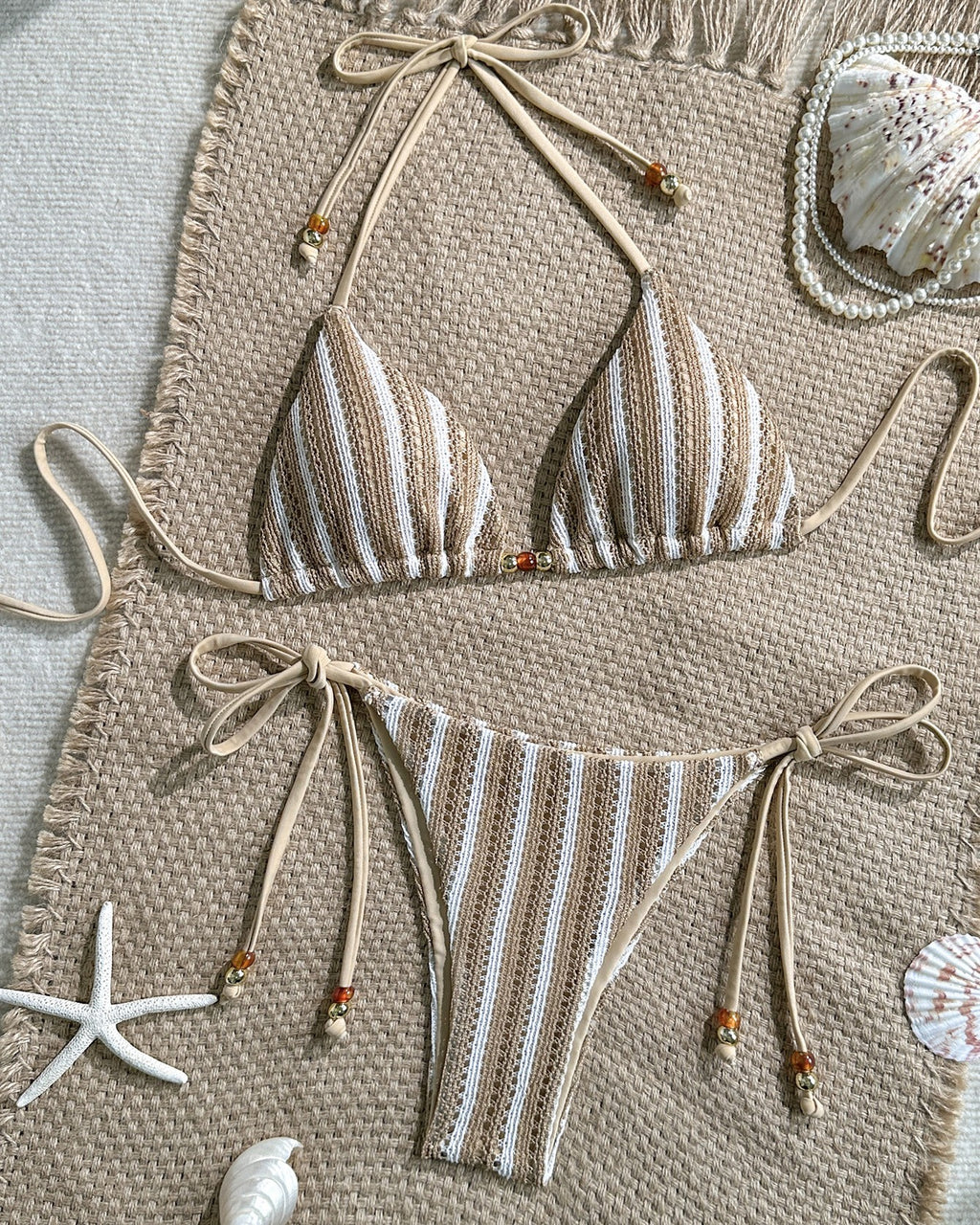 Ribbed Stripe Triangle String Bikini Set - Curry