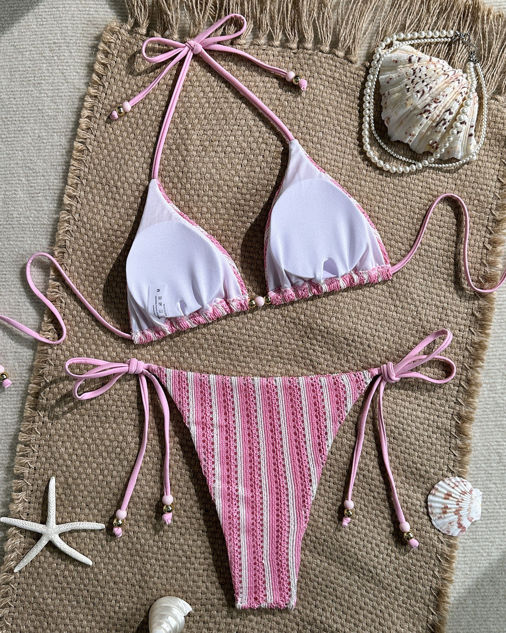 Ribbed Stripe Triangle String Bikini Set - Pink - 1
