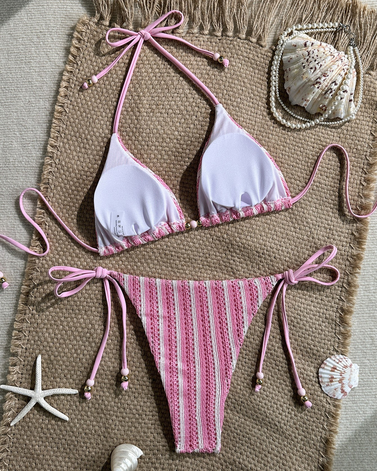 Ribbed Stripe Triangle String Bikini Set - Pink - 1