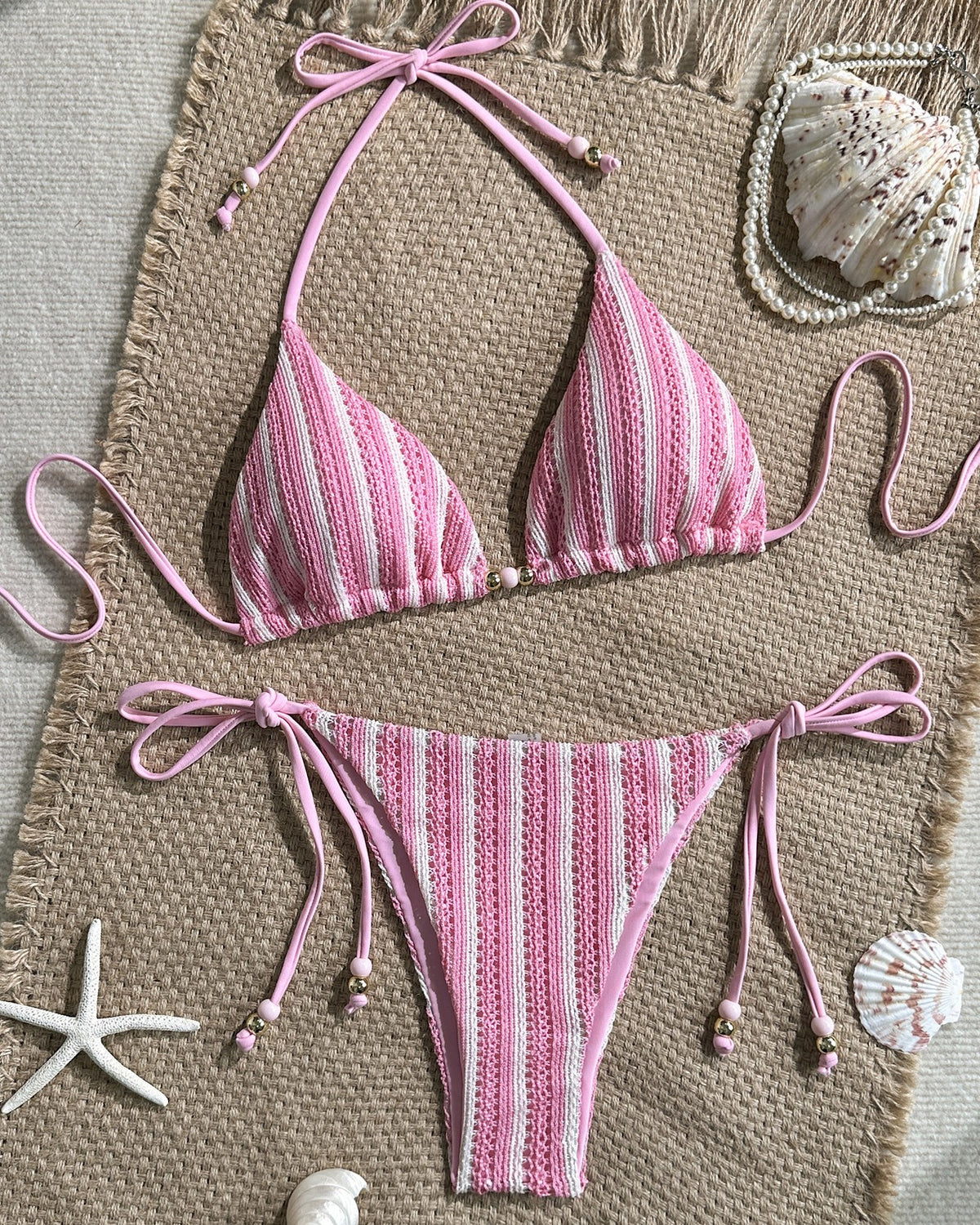 Ribbed Stripe Triangle String Bikini Set - Pink - 2