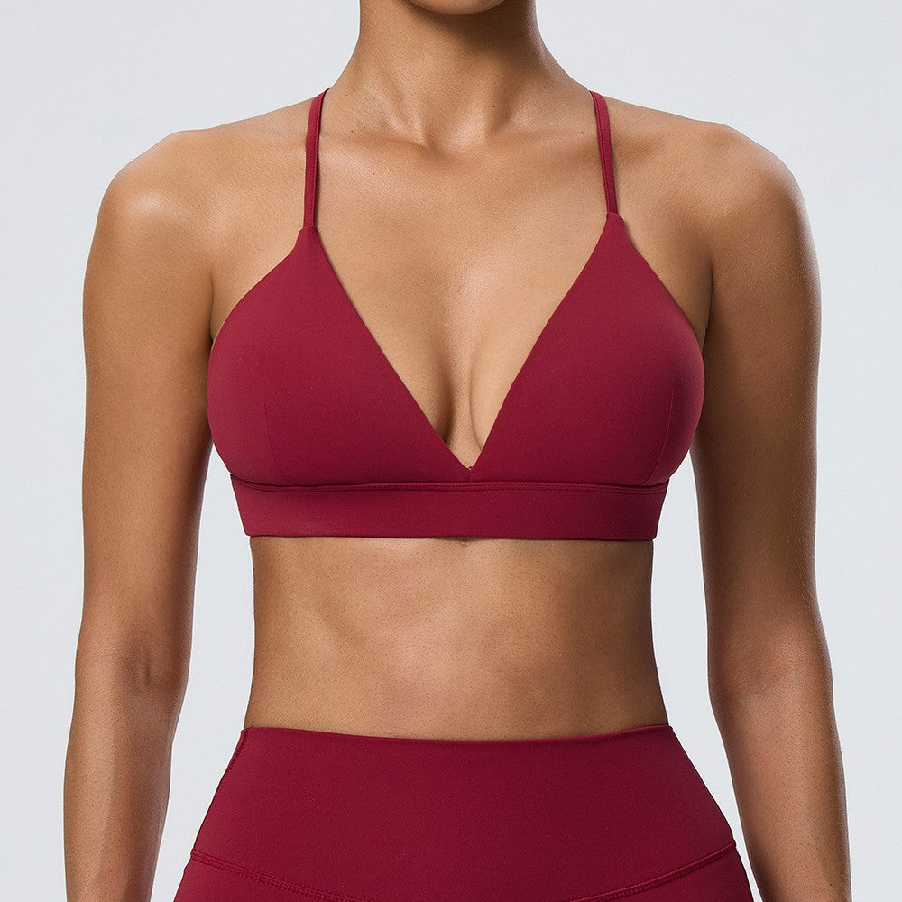 V-Neck Cross Back Brushed Yoga Sports Bra - Deep Red