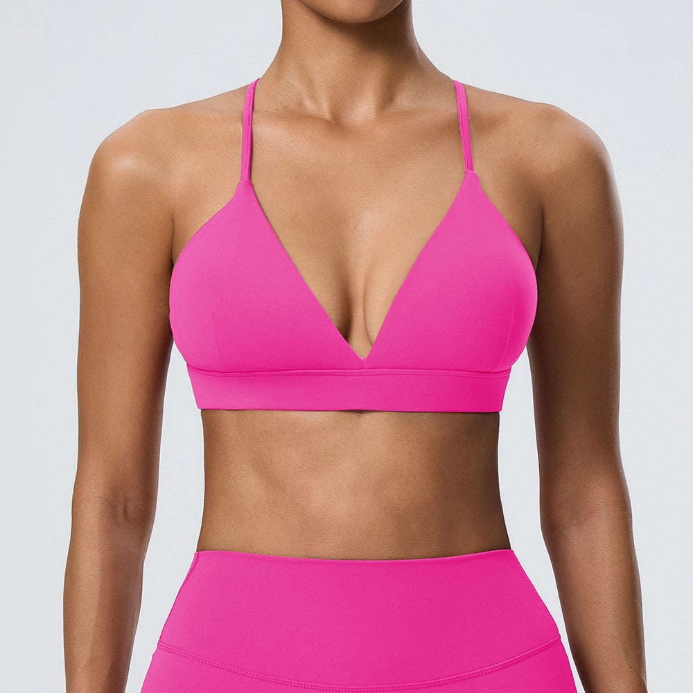 V-Neck Cross Back Brushed Yoga Sports Bra - Hot Pink