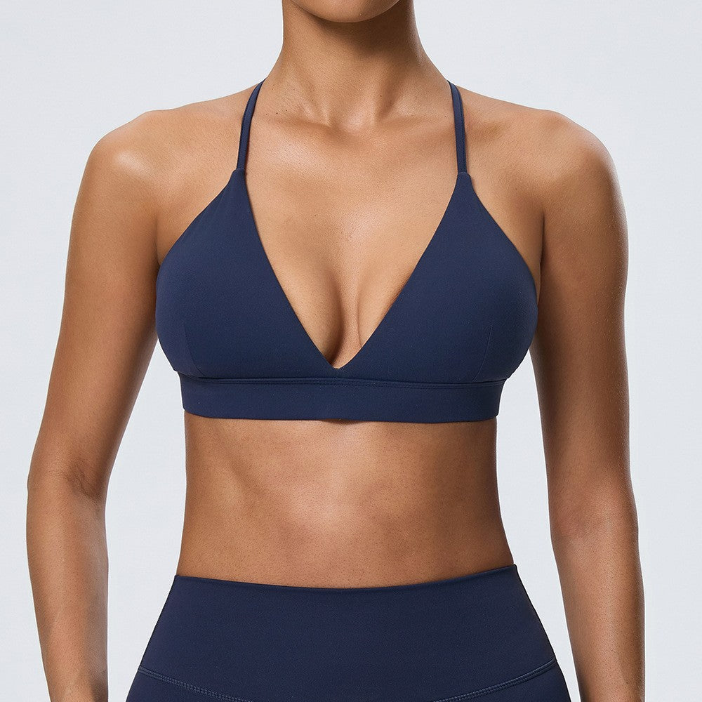V-Neck Cross Back Brushed Yoga Sports Bra - Midnight Navy