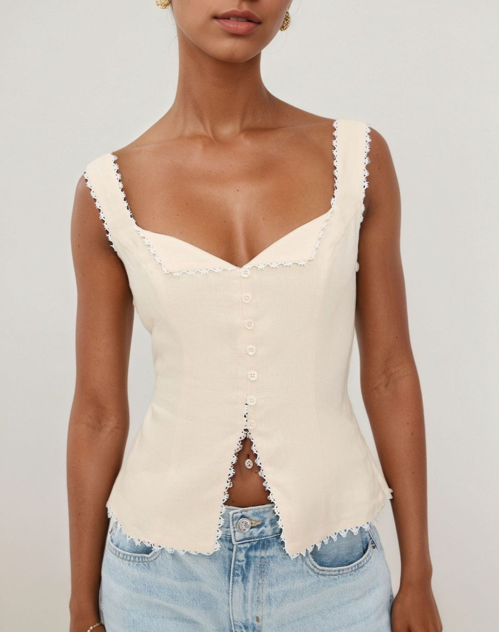 Sweetheart Lace Trim Button Front Tank - Apricot