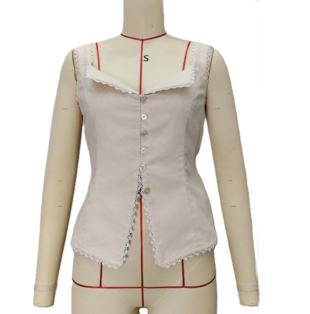 Sweetheart Lace Trim Button Front Tank - Apricot - 1