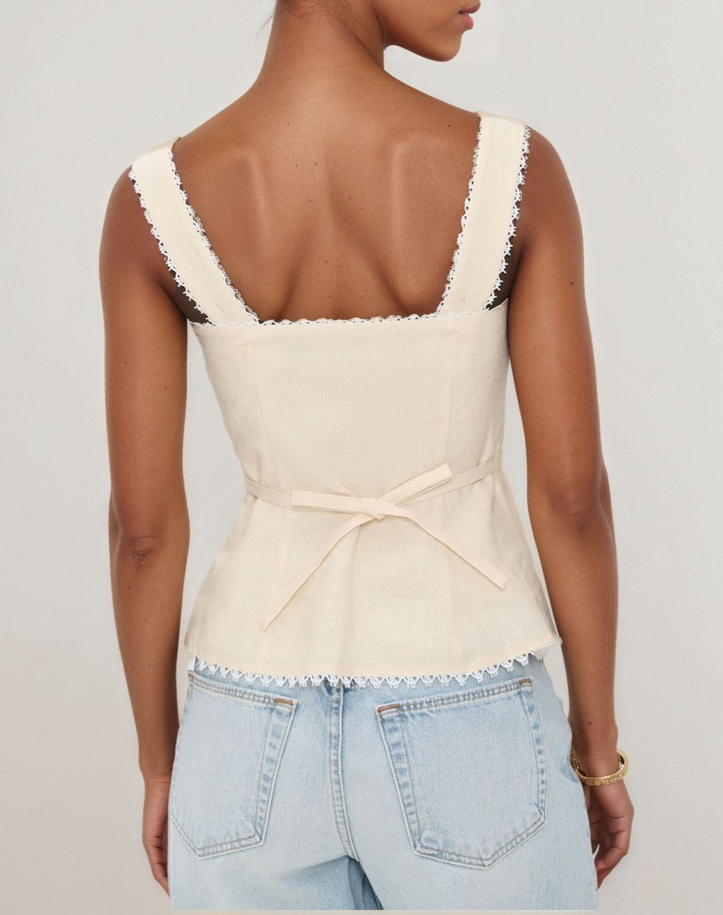 Sweetheart Lace Trim Button Front Tank - Apricot - 4